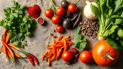 A vibrant arrangement of fresh Asian herbs and spices on a rustic stone surface, showcasing rich colors and textures.