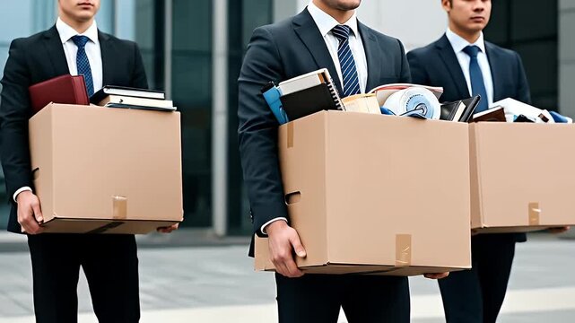 Three businessmen in dark suits and ties carrying cardboard boxes filled with office supplies and personal belongings as they walk away from a modern building signifying job termination or layoff