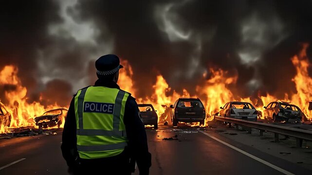 Police Officer Surveys Highway Disaster Scene With Cars Ablaze Under Dramatic Smoke Filled Sky