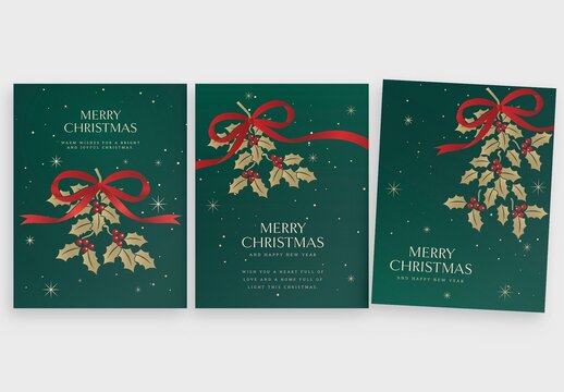 Christmas Poster / Flyer Template in Green & Gold with Classic Holly Leaves Vector Illustrations