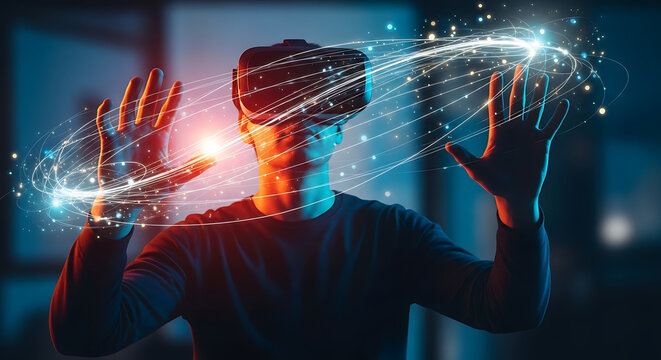 Person wearing virtual reality headset interacting with digital data streams