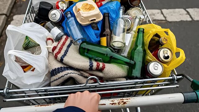 Overfilled Metal Shopping Cart Filled With Various Recyclable Materials Including Glass Bottles And Aluminum Cans On A Cloudy Day With A Persons Hand Holding The Handle