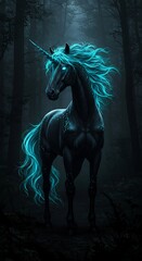 Naklejka premium A dark unicorn with a glowing turquoise mane stands in a shadowy forest