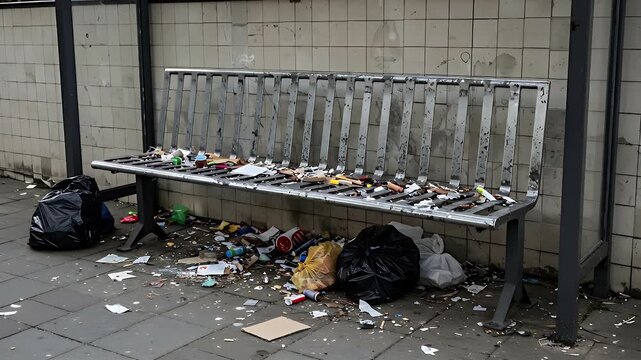 Abandoned Public Bench Overwhelmed With Trash and Debris on Gray Tiled Wall Background with Pavement Floor Outside