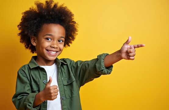 Smiling boy points right with thumb up. African american child in green jacket poses with happy face and gesturing hands isolated on yellow. Copy space for ad.