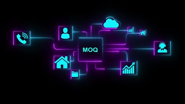 Futuristic digital network diagram with MOQ in center and business icons Minimum Order Quantity commerce. Glowing neon network connecting MOQ business icons handshake phone graph analytics brain gears
