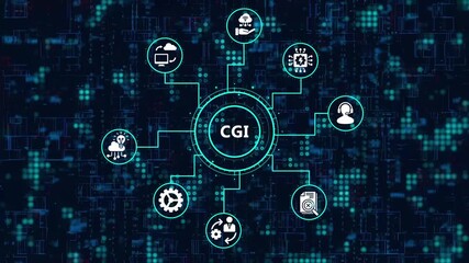 The cgi technology concept is illustrated by a futuristic animation with icons representing various aspects of computergenerated imagery in a digital environment