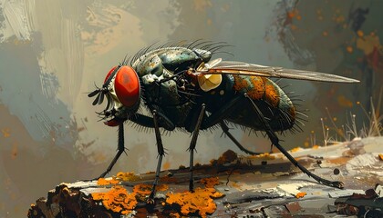 Detailed digital painting of a housefly with red eyes.