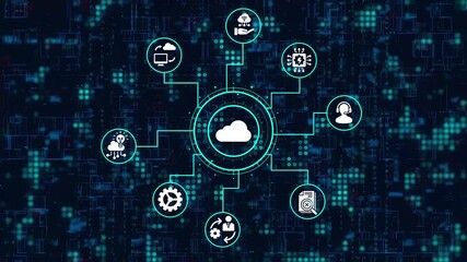 Cloud computing network with icons on digital background, symbolizing modern technology and data storage solutions for business and communication needs - Powered by Adobe