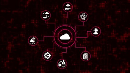 Cloud computing network with icons on digital background, symbolizing modern technology and data storage solutions for business and communication needs - Powered by Adobe