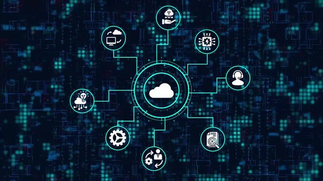 Cloud computing network with icons on digital background, symbolizing modern technology and data storage solutions for business and communication needs