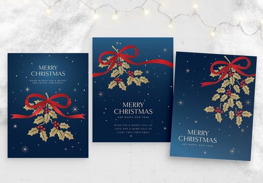 Christmas Poster / Flyer Template in Blue & Gold with Classic Holly Leaves Vector Illustrations