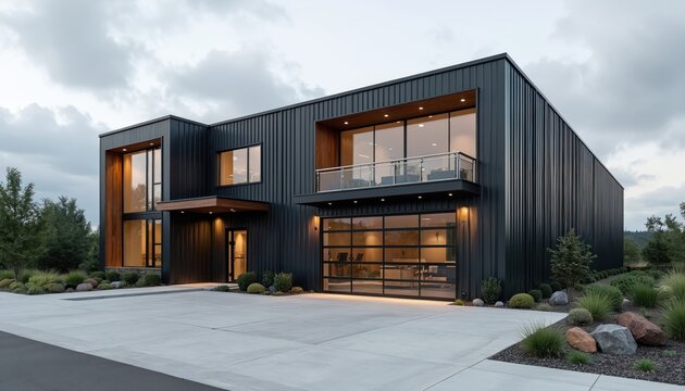 Modern black metal warehouse exterior with large windows and a glass garage door. Sleek office space visible inside, clean landscape surrounding property. Pro corporate business building facade.