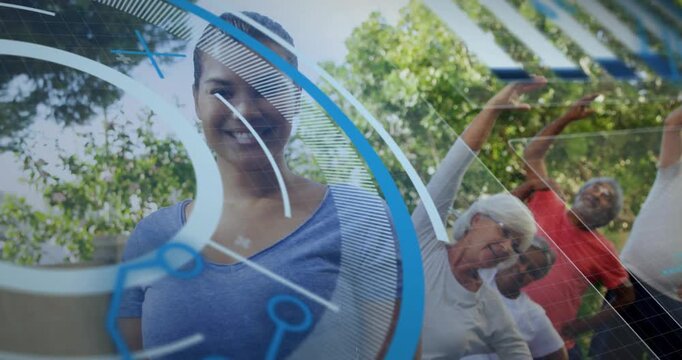 Leader signaling, seniors doing side-stretch for fitness, circular overlay sweeping revealing group