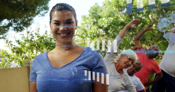 Coach raising arm starting fitness class, seniors stretching, data bars sliding, hiding or revealing