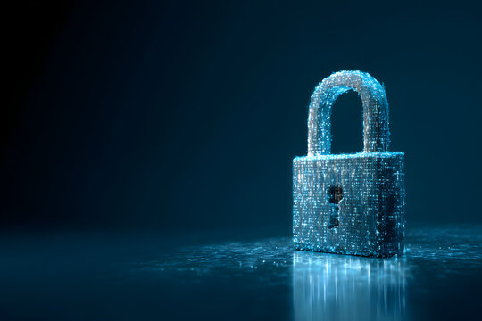 Cyber security concept and digital data protection with a locker in a blue background created with a generative ai technology