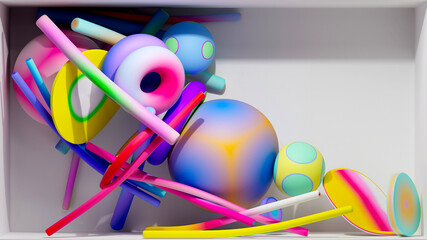 3d render of abstract art with surreal geometry figures as spheres, balls, rings, torus, pipes, sticks, in soft rubber plastic material in a mix of colorful gradients inside a white box