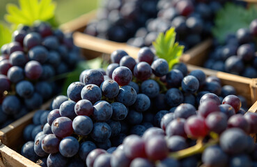 Obraz premium Fresh dark grapes are packed in wooden crates. Ripe berries ready for harvest and transport. Natural fruits for wine making or fresh eating.