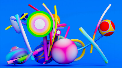 3d render of abstract art video animation with surreal geometry figures as spheres, balls, rings, torus, pipes, sticks, in soft rubber plastic material in a mix of colorful gradients on blue back 
