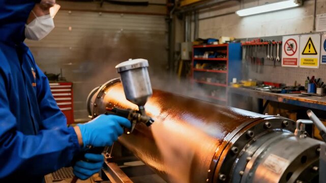 Technician applies heatreflective ceramic coating on a metal surface to enhance temperature resistance and energy efficiency in industrial equipment.