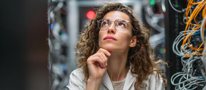 Female engineer brainstorming cybersecurity and data center backup ideas in a server room, inspecting digital software and hardware in the basement.