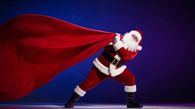 dynamic santa claus pulling a giant red sack of gifts across a vibrant blue
