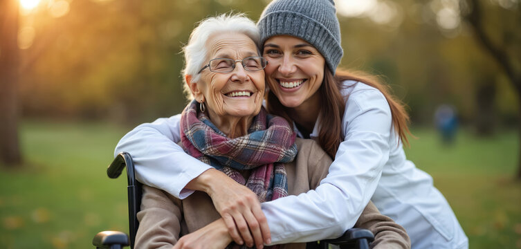 Smiling senior woman in wheelchair embraces younger caregiver outside. Couple share tender moment in park. Autumn scene shows loving support and companionship between generations.