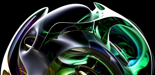 3d render with part of the surreal alien spherical ball flower in curved wavy organic lines in round shapes in plastic and glass material in green and yellow gradient color on black