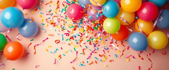 Vibrant confetti explosion on pastel background, colorful balloons and ribbons,  holiday,  backdrop