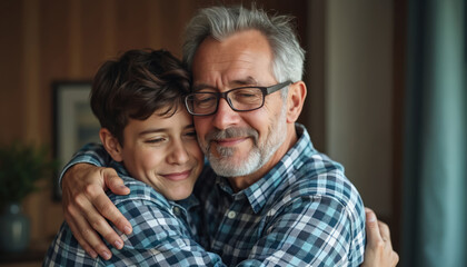 Young boy hugs smiling elderly man indoors. Affectionate grandson embraces grandfather with love. Close bond between generations, happy family moment at home.