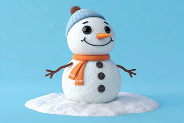 Obraz premium Cute cartoon snowman on blue background, 3d render.