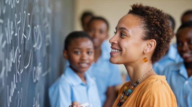 happy teacher writing on chalkboard during lesson in classroom with students