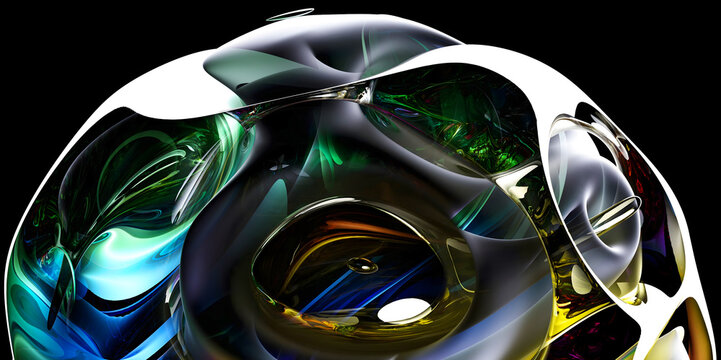 3d render with part of the surreal alien spherical ball flower in curved wavy organic lines in round shapes in plastic and glass material in green and yellow gradient color on black