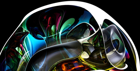 3d render with part of the surreal alien spherical ball flower in curved wavy organic lines in round shapes in plastic and glass material in green and yellow gradient color on black