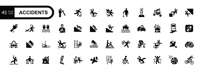 Accidents flat icon set. Falls, blows, car accidents, work injury, etc. Vector illustration.	