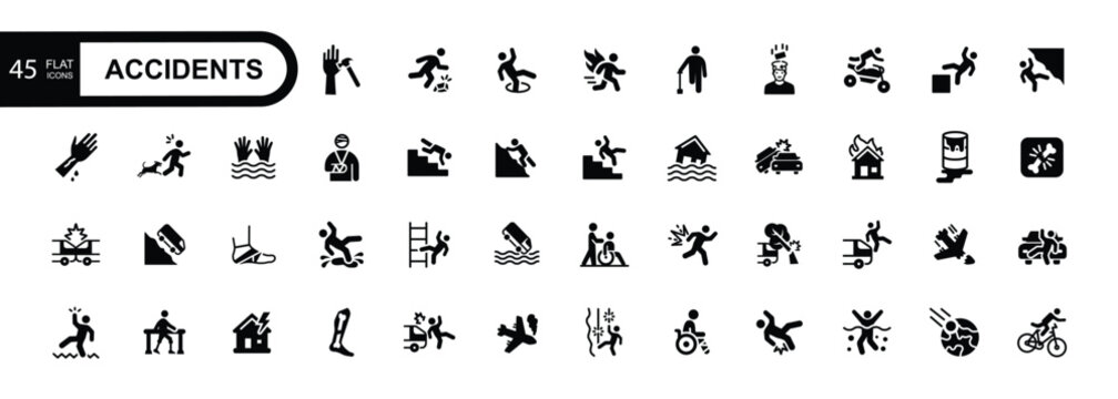 Accidents flat icon set. Falls, blows, car accidents, work injury, etc. Vector illustration.	
