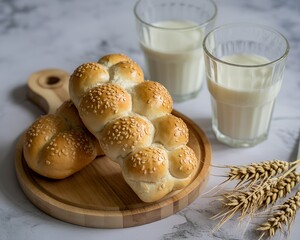 Freshly baked sesame bread rolls served with glasses of milk, perfect for a wholesome morning breakfast.