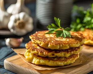 Golden crispy fritters stacked on a wooden board, garnished with herbs and ready to serve fresh and hot.