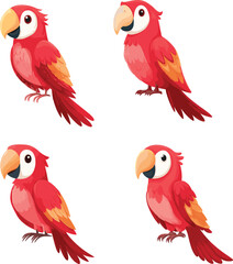 Red tropical parrot bird illustration collection, exotic macaw cartoon set, colorful wildlife vector design, jungle nature animal art pack