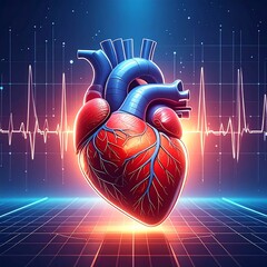 Detailed Heart Illustration with EKG and Futuristic Background.