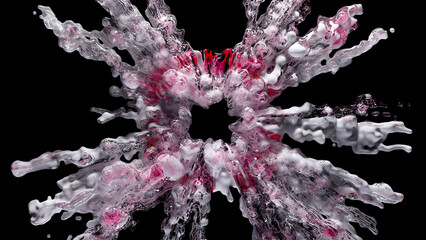 3d high‑resolution CGI render of a dynamic pink and white liquid splash against a dark backdrop. Abstract particle and fluid art is ideal for modern design, backgrounds, or digital branding materials