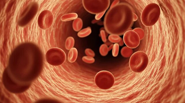 Microscopic view of blood cells flowing through a blood vessel.