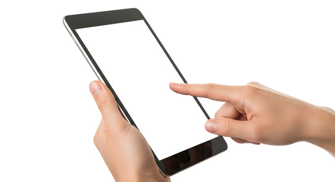 Close up of a person s hands holding and interacting with a modern tablet computer on a black background