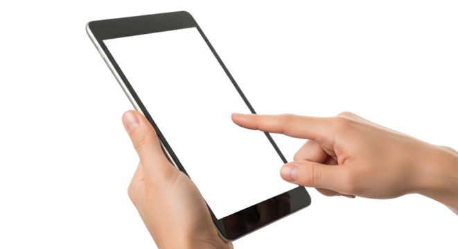 Close up of a person s hands holding and interacting with a modern tablet computer on a black background - Powered by Adobe