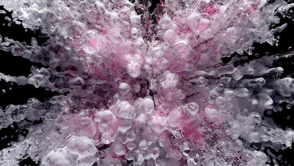 3d high‑resolution CGI render of a dynamic pink and white liquid splash against a dark backdrop. Abstract particle and fluid art ideal for modern design, backgrounds, or digital branding materials