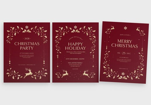 Christmas Flyer & Invitation Template in Red & Gold with Classic Festive Border & Frame Illustration