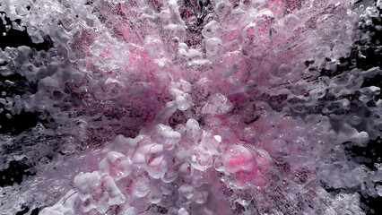 3d high‑resolution CGI render of a dynamic pink and white liquid splash against a dark backdrop. Abstract particle and fluid art is ideal for modern design, backgrounds, or digital branding materials