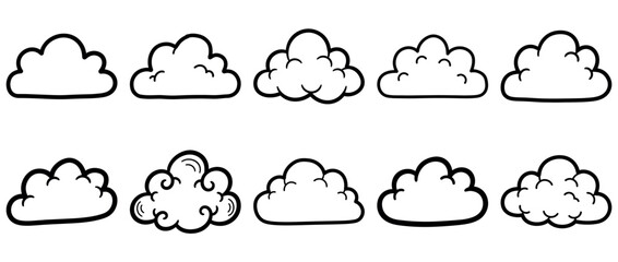Collection of hand drawn cartoon cloud icons with transparent background, sketch style doodle weather elements for design and illustration use