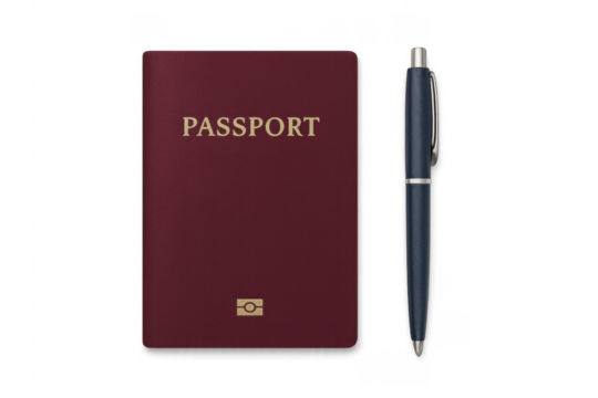 Passport and pen verifying identity for international travel