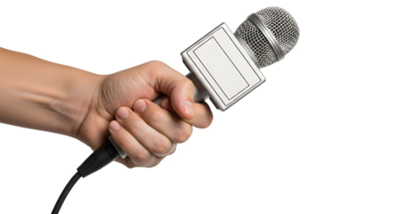 Hand holding a news microphone with a blank logo area for branding against a black background